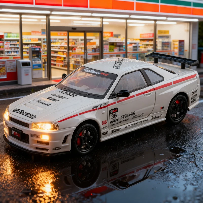 รถสปอร์ตไดแคสต์โลหะผสมรุ่น Skyline GTR R34 สเกล 1:24 พร้อมเสียงและไฟ มีระบบดึงหลัง ของสะสม ของเล่นเด็ก ของขวัญ