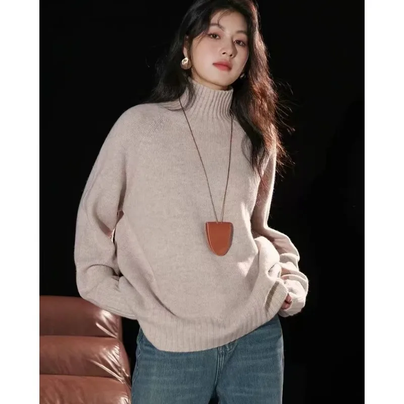 

High-end soft and glutinous high-neck 100 pure wool sweater for women loose knitted sweater thickened pullover top