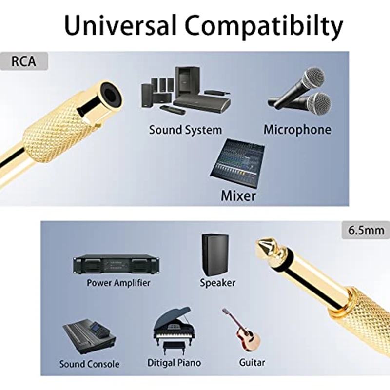 Pozłacane 6.35mm 1/4 Cal TS Adapter gniazda Jack żeńskie RCA do 6.5mm męskie złącza wtykowe do głośnika gitarowego miksera