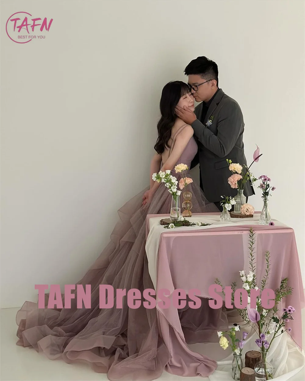 TAFN Princess A-line Purple Wedding Dresses V-Neck Sleeveless Pleat Korea Bridal Gown Shiny Tulle Evening Dress Customized