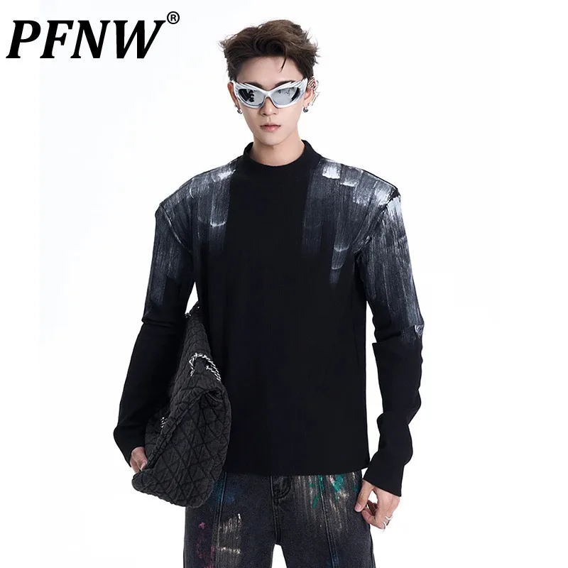 

PFNW Niche Handpainted Graffiti Design Men's T-shirt Round Neck Long Sleeved Trendy Shoulder Pad 2024 Male Street Tops 24E2187