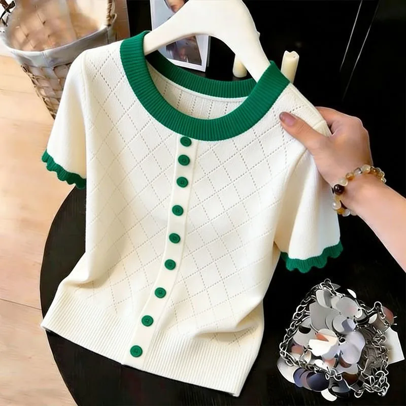Sueters De Mujer Neuer Sommer O-Ausschnitt Strickpullover Damen Pullover Kurzarm Patchwork Strickpullover Damen Oberteile Q3763