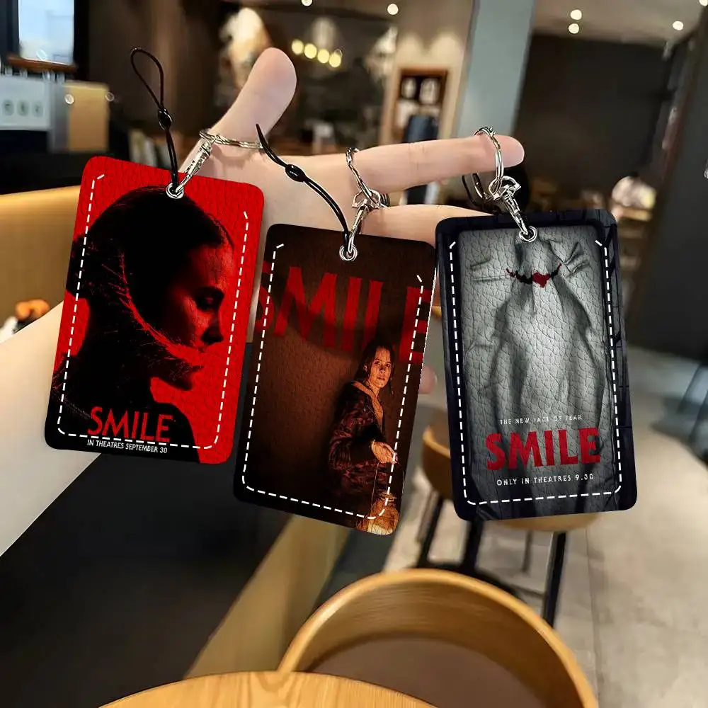 American Horror Movie Smile Card Case Keychain Access Card Bag Key Tag Ring Leather Card Holder Key Ring Access