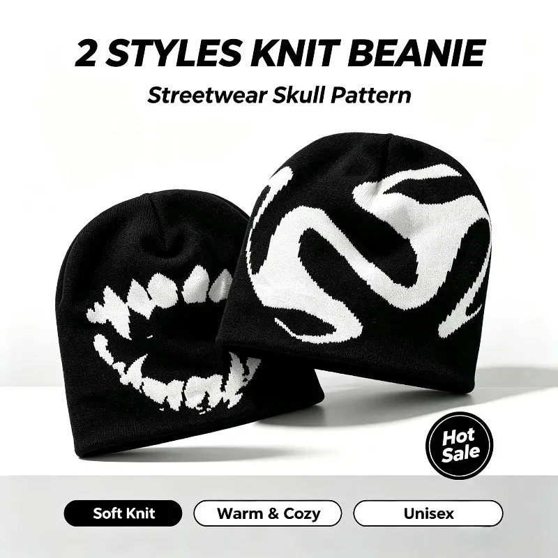 Unisex Y2K Punk Knit Beanie Hat 2 Styles Fangs Teeth Abstract Jacquard Skullies Cap Men Women Winter Warm Streetwear Hip Hop