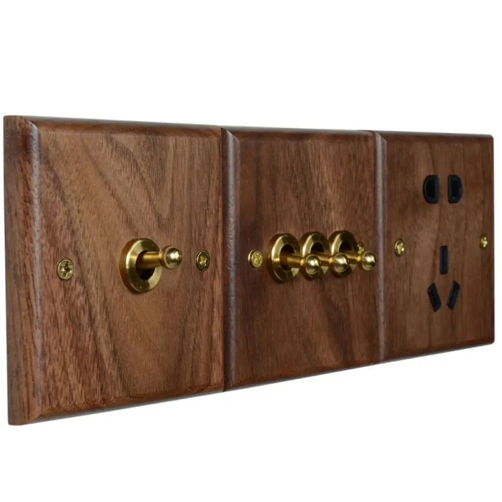 Vintage Toggle Wall Switch Solid Walnut Wood Panel Brass Lever Unique Home Decor Electrical Equipment Modern Antique Style