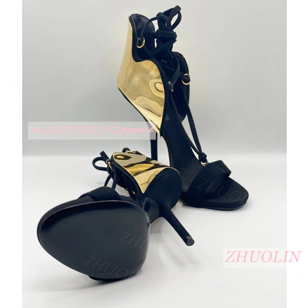 Gold Metal Decoration Open Toe Lace Up Sandals Stiletto High Heel Suede Ankle Tie Women Club Night Party Elegant Dress Heels 46 view 4