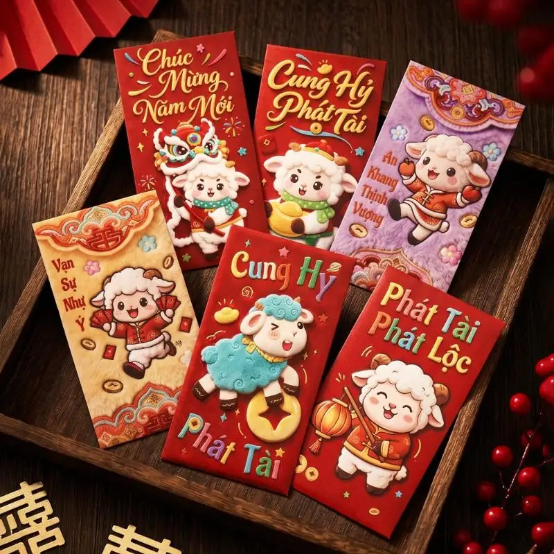 6Pcs 3D 2027 Sheep Year Red Envelope New Year Spring Festival Lucky Money Pouch Cute Lamb Pattern