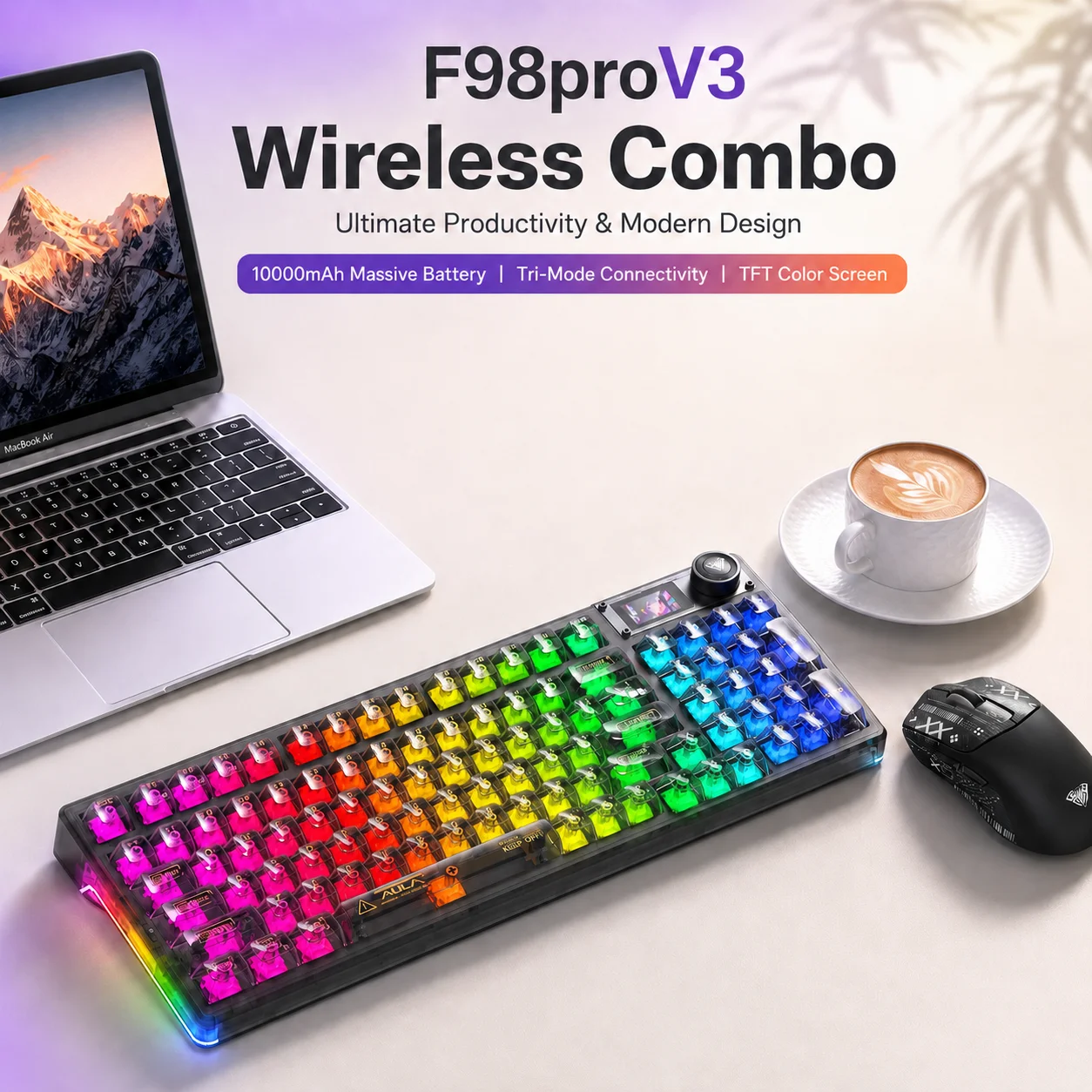 AULA F98 Pro V3 Gaming Mechanical Keyboard Combo 99% Custom Backlight Hot Swappable Wireless Bluetooth Hifi Switch