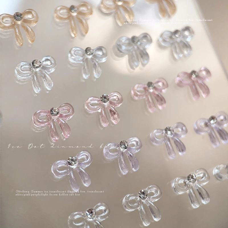 10 sztuk punkt diamentowa wstążka zawieszki do paznokci 10*8mm przezroczysta kokarda biżuteria artystyczna do paznokci dekoracje 3D letnie akcesoria do Manicure