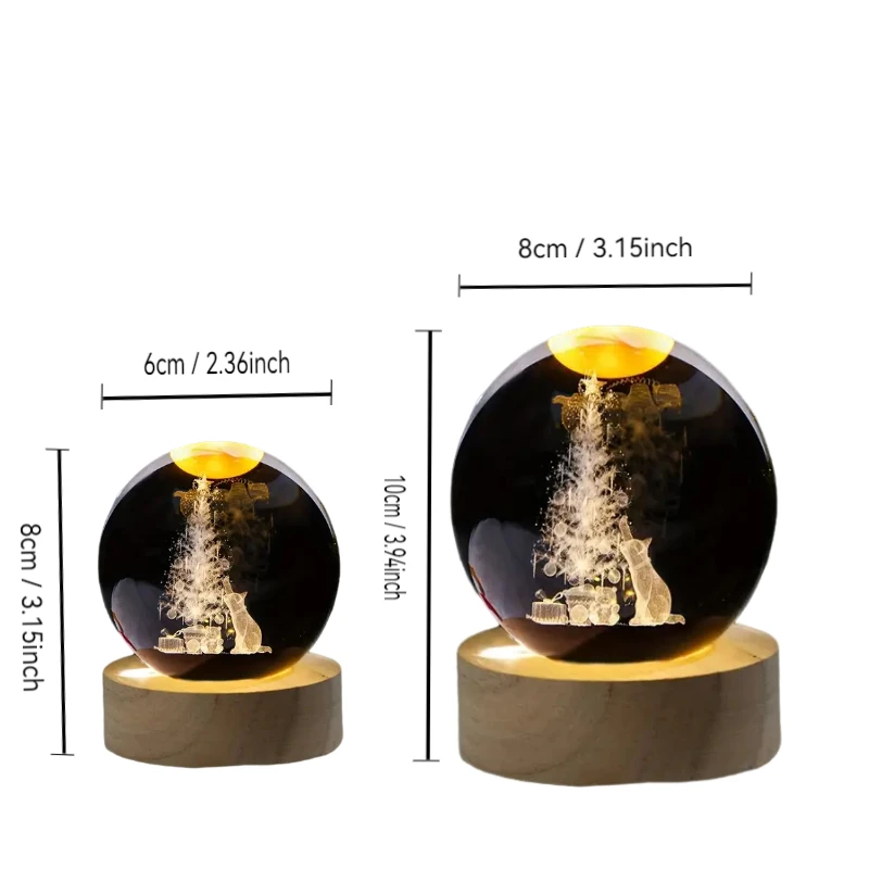 1pc,Christmas Cat 3D laser carved crystal ball with colored lights, living room bedroom home decorative lights, table decoration