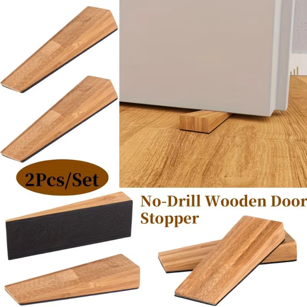 2Pcs/set Wood Wooden Door Stopper Wear-Resistant No punching Shock Absorbent Block Slip-Resistant Wall Floor Furniture