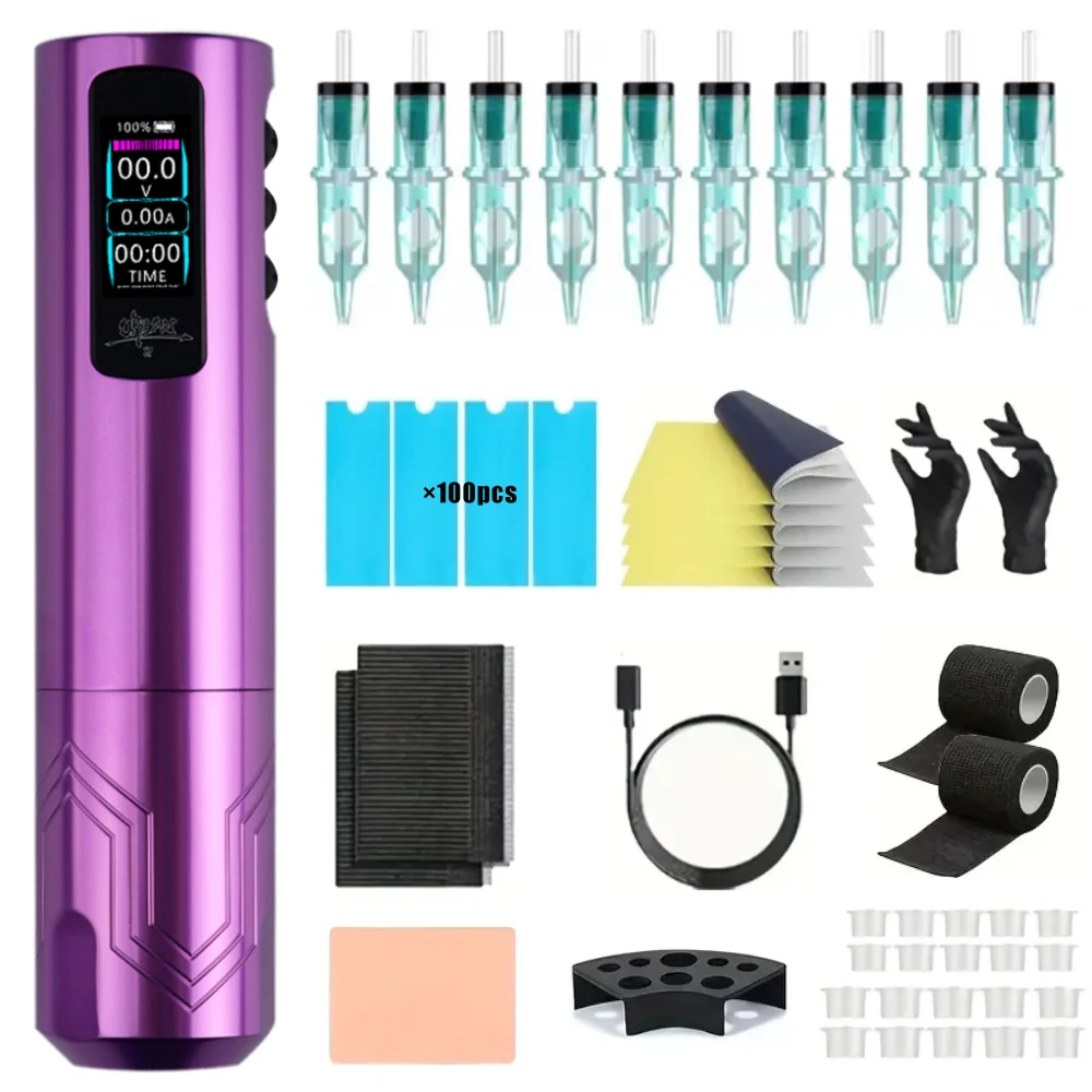 

Professional Tattoo Machine with USB Charging, Practice Skin Transfer Paper 10pcs Tattoo Needles 2000mAh Complete Tattoo Pen Kit