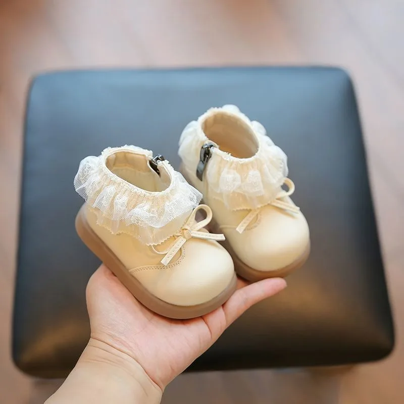 

New Spring Autumn Girl Toddler First Walker Shoes Sweet Princess Lace Bow Baby Soft Soled Short Leather Boots​