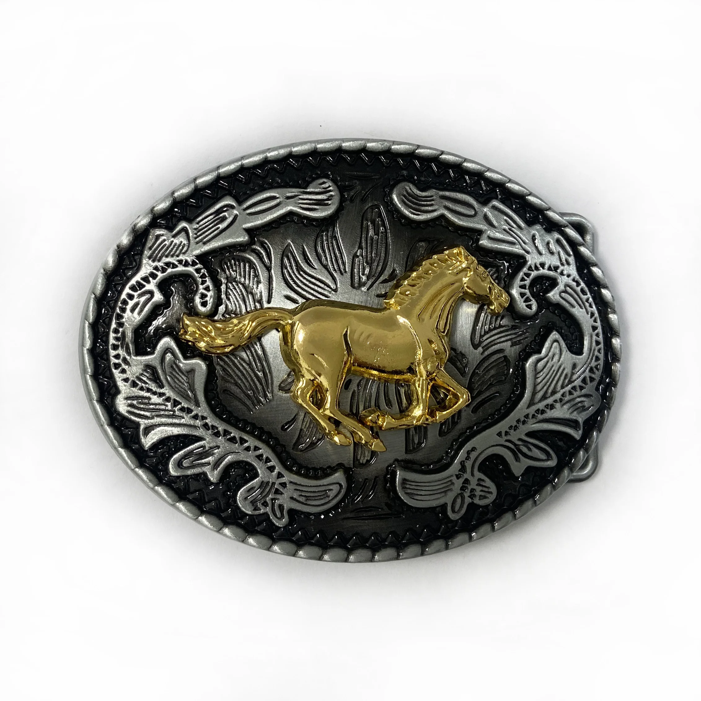 Hebillas de cinturón de caballo para correr de aleación de zinc retro BuckleClub para cinturón de 4cm de ancho FP-03801 acabado de peltre