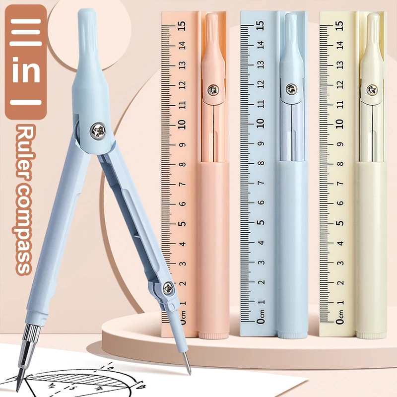 3 In 1 Kompas Set geometri dengan penggaris pensil multifungsi Sekolah gambar kompas matematika alat tulis geometris