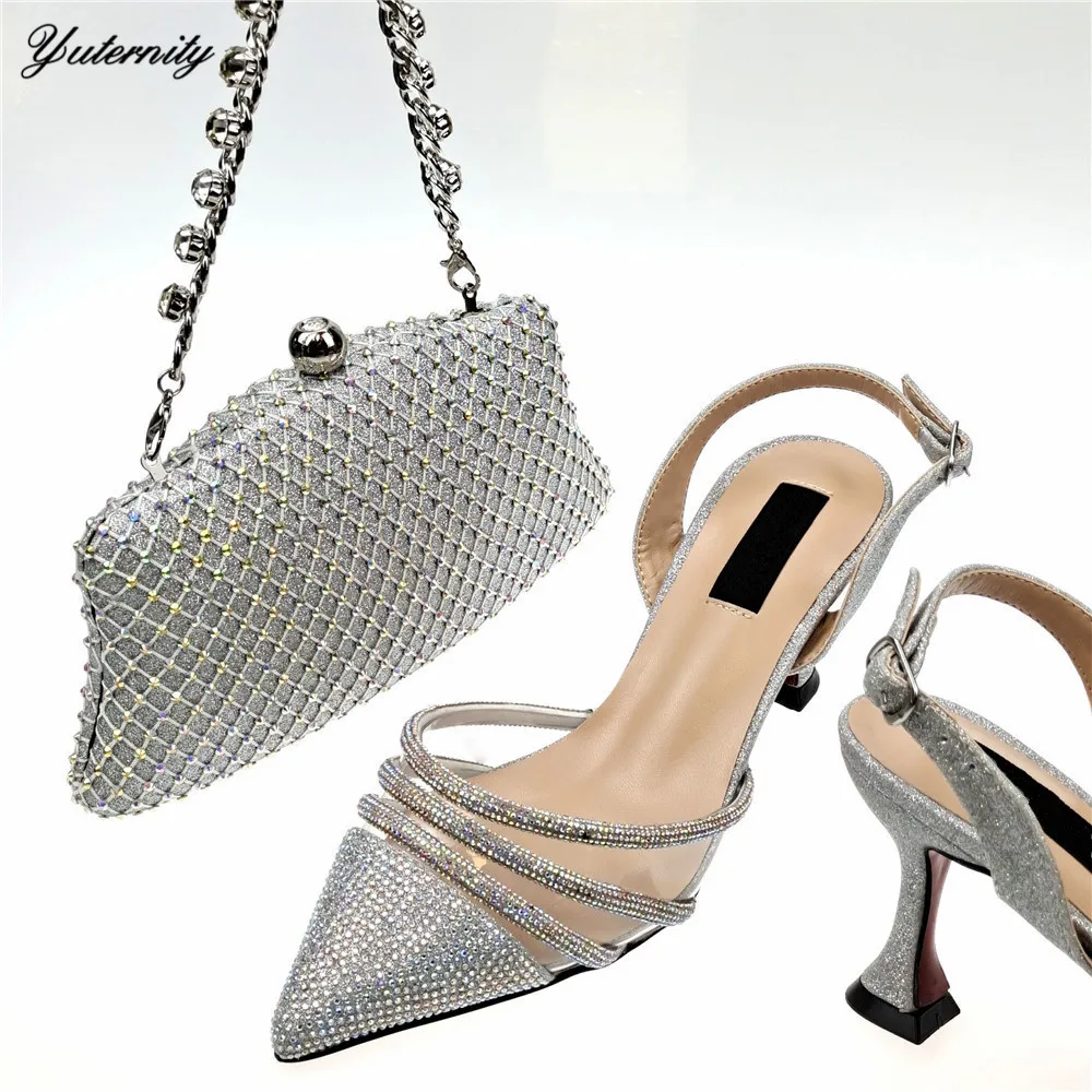 

Nigerian Desgin Women Shoes And Bag Set For Evening Party African Summer PU With Rhinestone Sandal Pumps Shoes With Purse Set