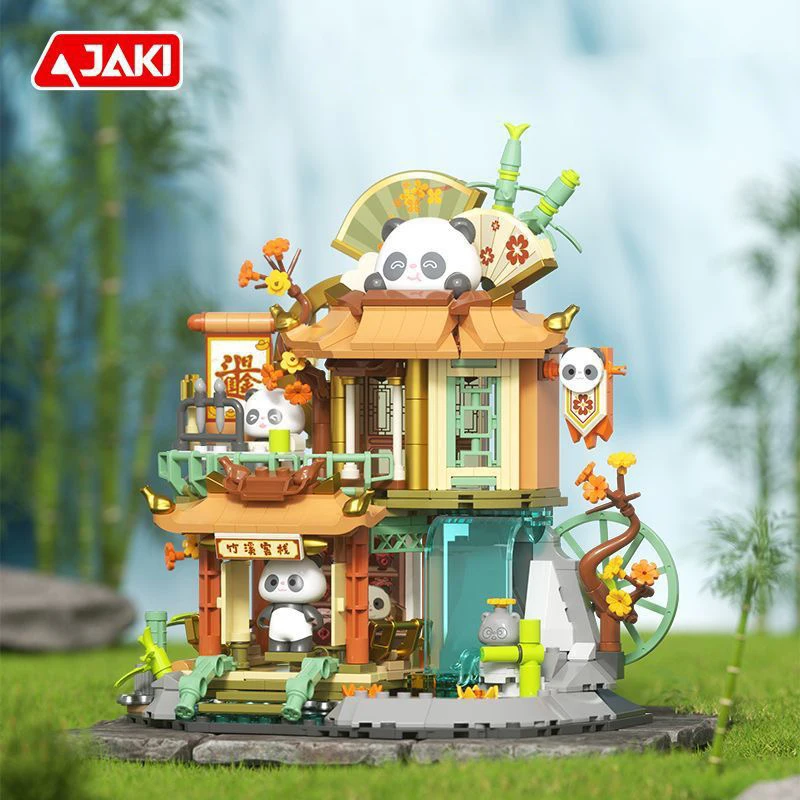 

JAKI Street View House Series Panda Tea House Panda House Model Assembly Children's Building Block Toys