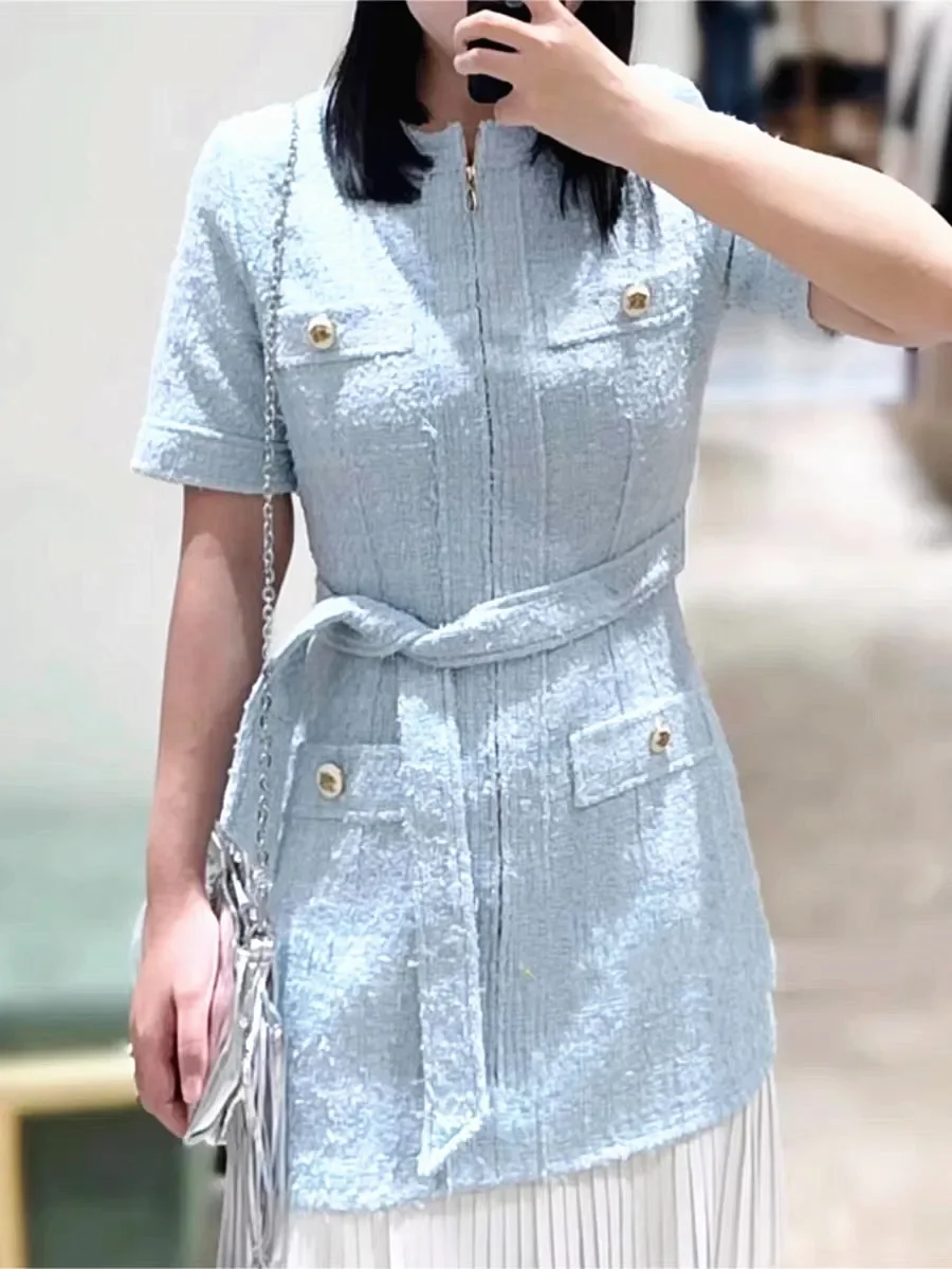 Women Tweed Splice Mini Dress Pleated Lace-up Zipper Fresh Short Sleeve 2025 Spring Summer Lady Robe