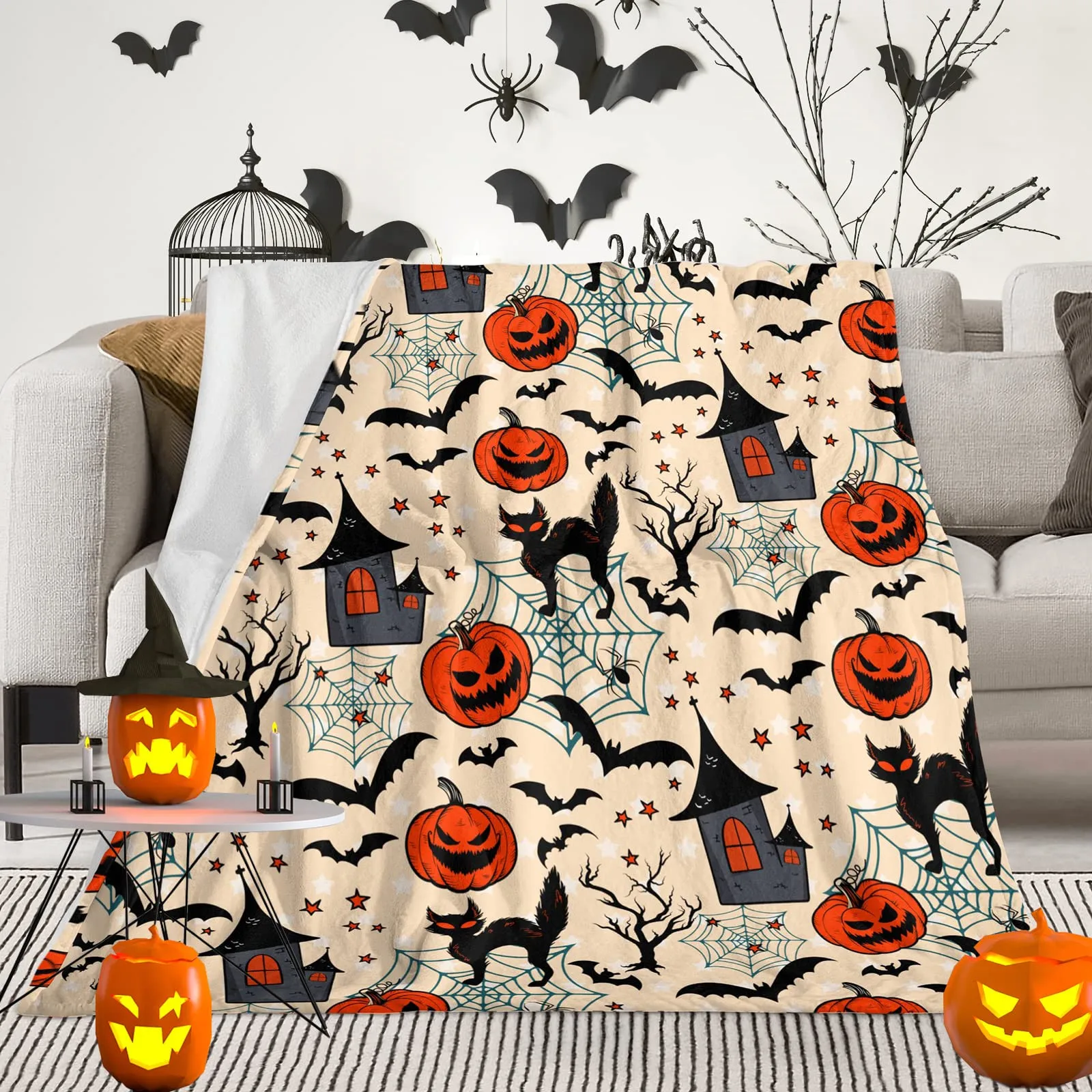 

KACISSTY Halloween Blankets Black Cat Bats Printed Thin Blanket Flannel Cozy Office Nap Fluffy Quilts Gifts Dropshipping