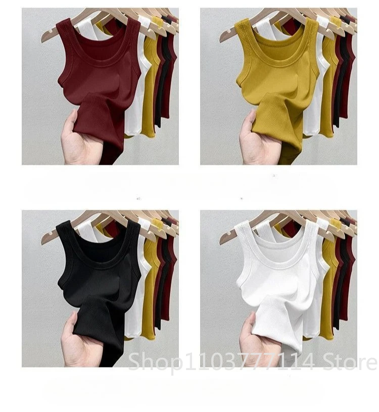 Damen Einfarbiges Geripptes Top mit Rundhalsausschnitt Sommer Basic Elastisches Spaghetti-Träger-Top Leichtes Kühles Basis-Shirt Ärmellose Weste – Detail 7