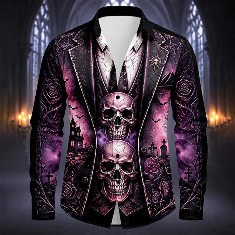 Halloween Men's Long-Sleeve Shirt Spooky Castle Skulls Tombstones and Floral Print Button-Down Shirt Dark-Style Collared Shirt