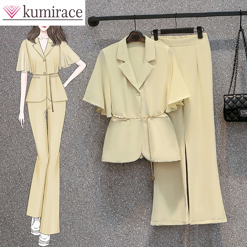 

2023 Summer Korean Version of the New Ruffle Waist Closure Suit Coat with High Waist Micro Flared Pants Two-piece Women's Pants