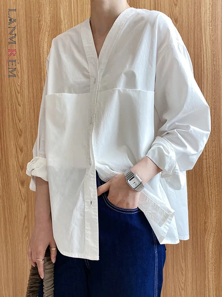 LANMREM Minimalism Shirt Women\'s V-neck Long Sleeves Single Breatsed Solid Color Casual Blouses 2024 Autumn New Clothing 2Z2423