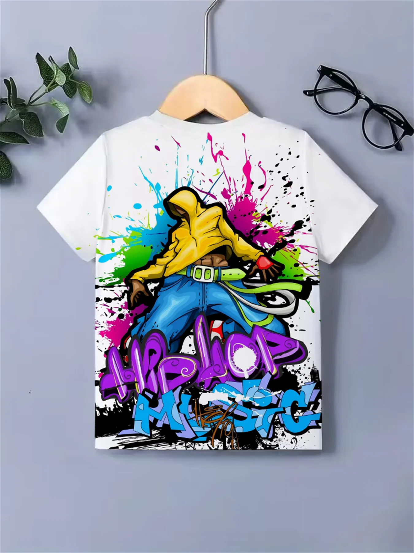 Boys'Summer Breathable Short-Sleeve T-Shirt with 3D Hip-Hop Graffiti Print, Dynamic Street Dance Style,  Outdoor Streetwear,
