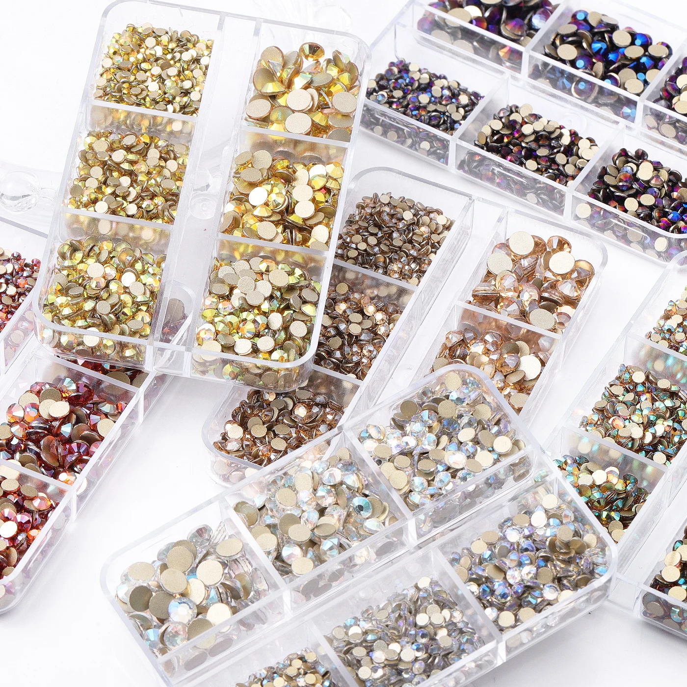 1440Pcs Mix Size SS6-SS20 Box-Packed Glass Gold Flatback Rhinestone 6-Grid Sparkling Crystal Stone Water Diamond Nail Decoration