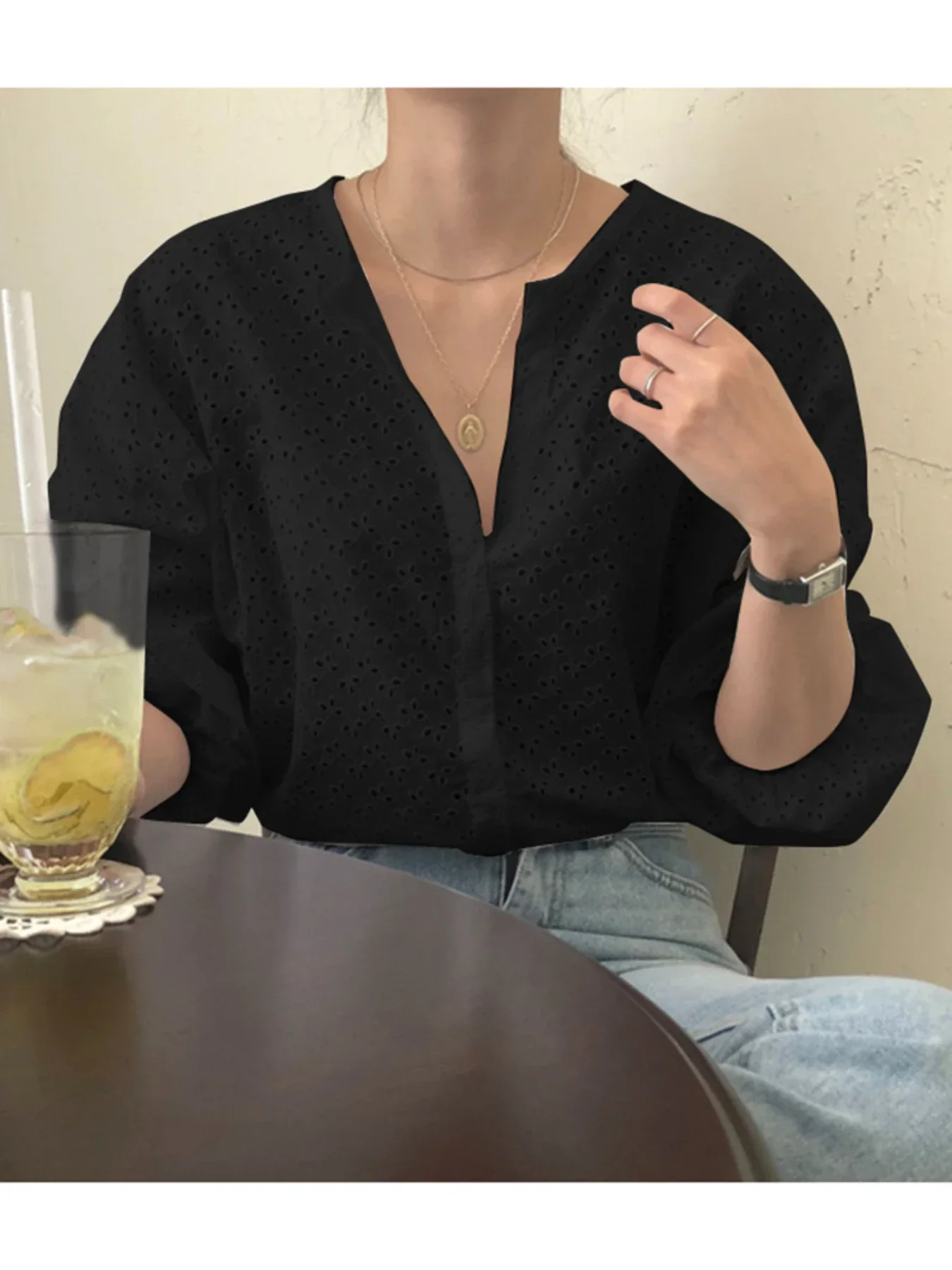 ZANZEA 2025 Herfst Mode Vrouwen Hollow Out Shirts Office Lady Tops Casual Solid Bladerdeeg Mouw Losse Katoenen Oversized Blusa Femme
