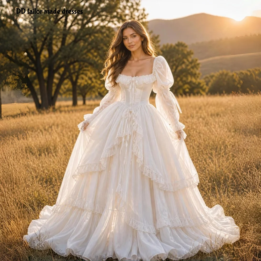 Renaissance Medieval Wedding Dress Square Neck Corset Ruffle Puff Long Sleeve Ball Gown Vintage Country Bridal Gown Customzied