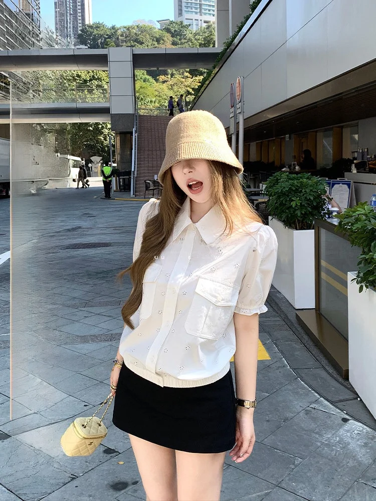 

Pure Cotton Loose Fit Casual irt Women's Spring Autumn Design Embroidered Collarl Top Breathable Comfortable Korean Sle