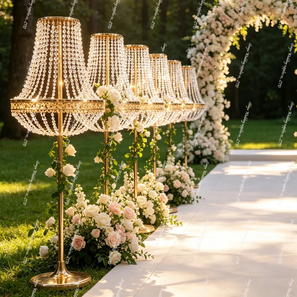 1-10pcs 90-130cm Wedding acrylic crystal cylinder trumpet Shade Table Lamp Golden Metal Stand Lighting Centerpiece for Party