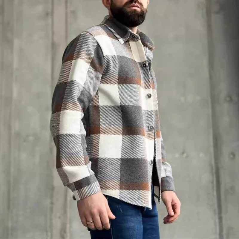 Autumn Fashionable Woolen Plaid Shirts Mens Casual Turn-down Collar Buttoned Long Sleeve Cardigans Men Vintage Woolen Shirt Tops