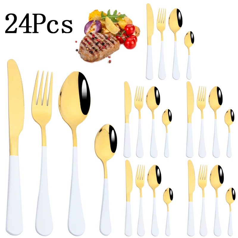 

AJOYOUS 24pcs Dinnerware Set Stainless Steel Mirror Cutlery Knife Fork Spoon Western Tableware Kitchen Dinner Party Silverware