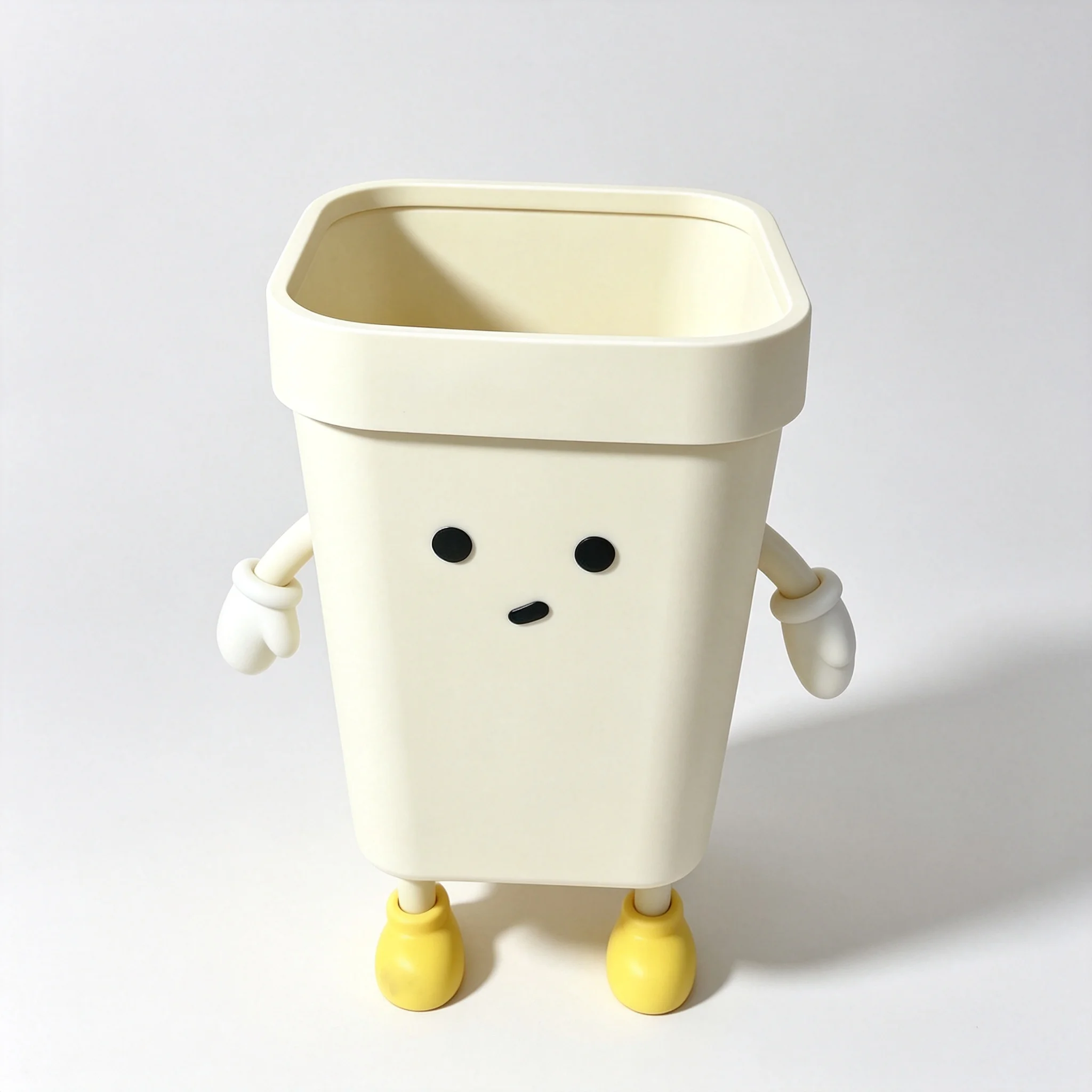 Kawaii Standing Figure 7L Small Trash Bin 1 Pack, Cute Square Garbage Can with Detachable Arms & Yellow Shoes, Cartoon Waste Container for Dorm & Apartment