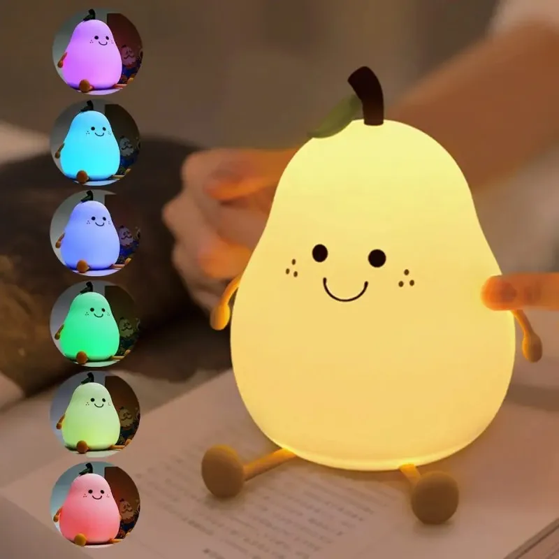 LED Pear Night Light USB Rechargeable Bedroom Lamp Bedside Decoration Silicone Light Kid Gift Lights 7 Color Silicone Table Lamp