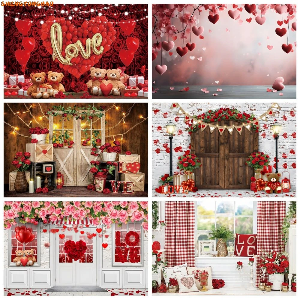 

Valentine's Day Backdrop for Photography February 14 Red Rose Love Heart Balloons Wedding Photocall Background Photo Studio Prop