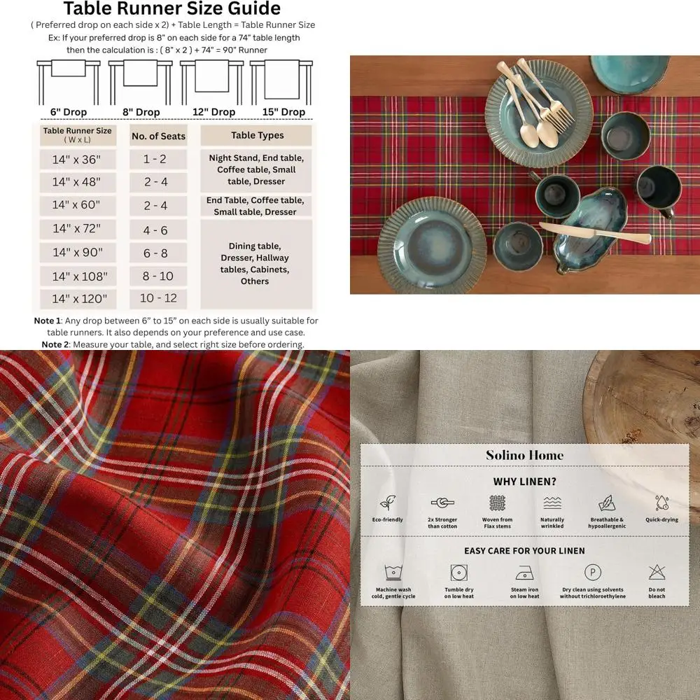 

Pure Linen Red Tartan Table Runner, 14x48 Inches, Perfect for Dressers and Coffee Tables