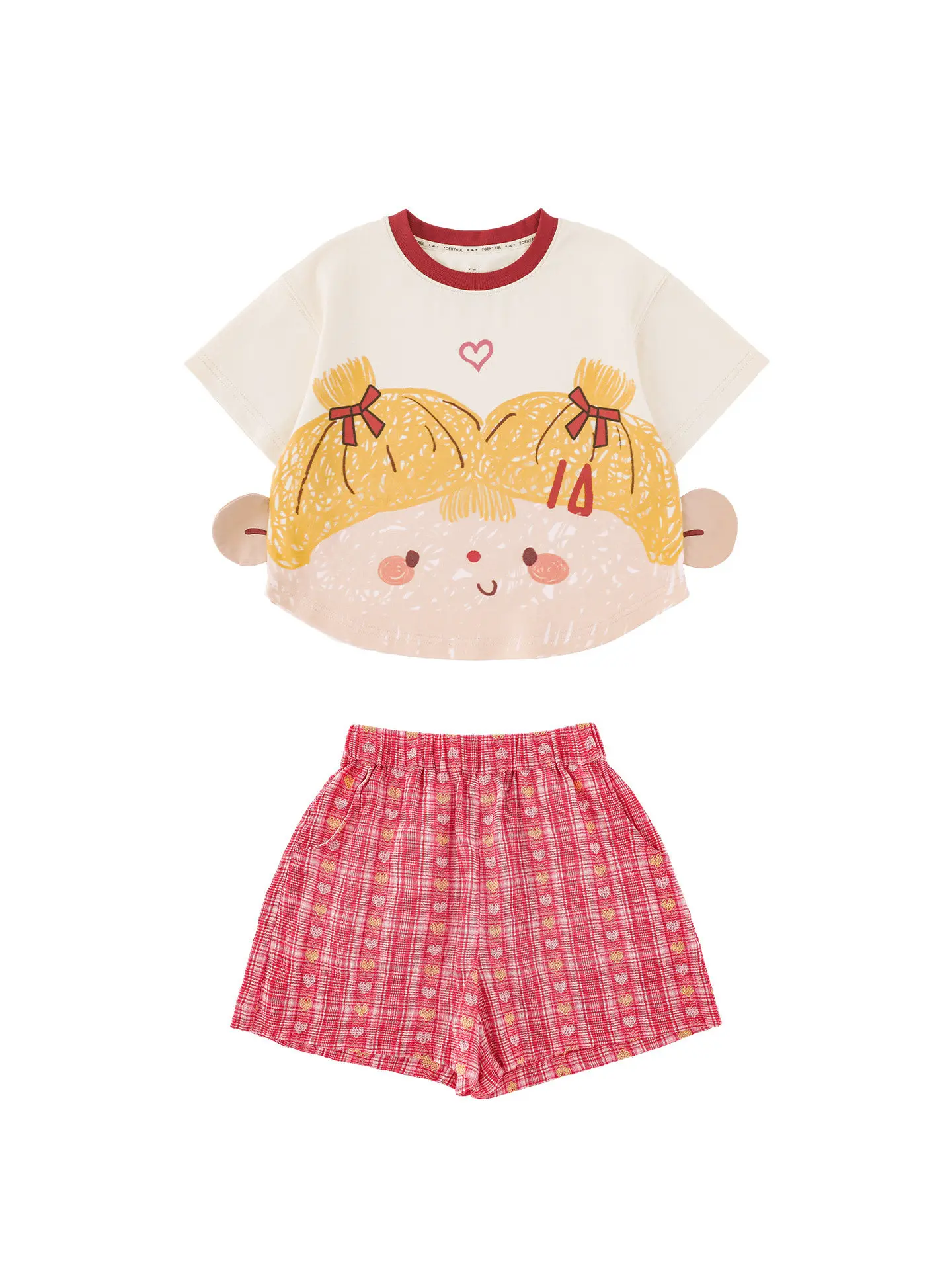 Girls Summer Outfit Cartoon Printed Antibacterial Round Neck Short Sleeve T-shirt Plaid Breathable Cool Shorts Two Piece Set