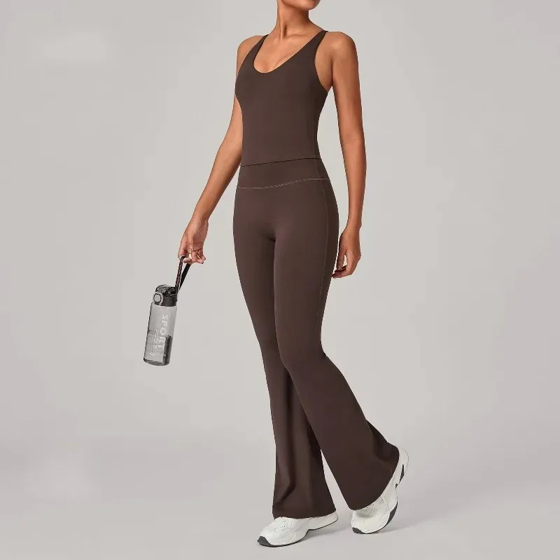 

Женский комплект для йоги телесного цвета, жилет, расклешенные брюки, спортивный костюм с красивой спиной, облегающий костюм для бега, тренажерного зала, фитнеса, спортивный комплект