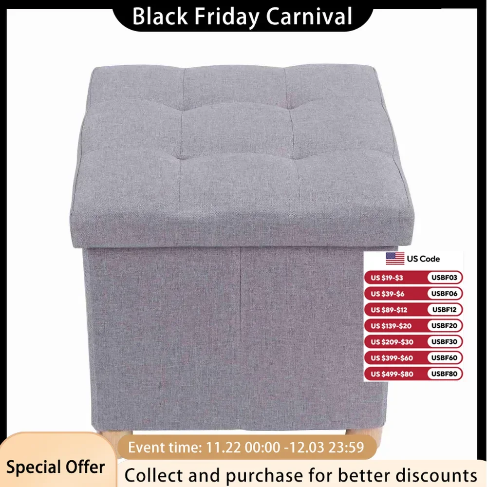 Folding Storage Square Foot Rest Stool with 4 Wooden Legs and Removable Cushion (Light Gray)