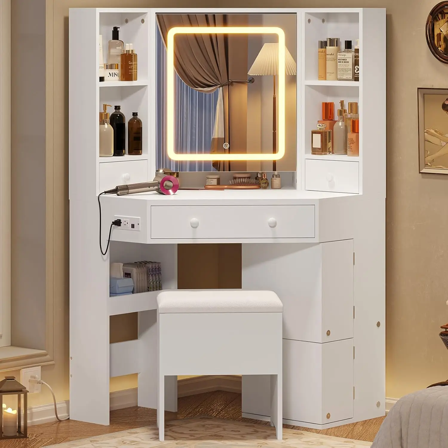 Corner with Lights and Charging Station Makeup Vanity with Lights Vanity Set with Mirror and Storage Stool Makeup Table with