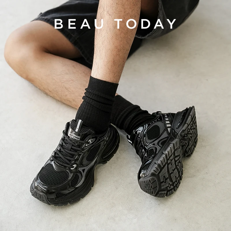 

BEAUTODAY Chunky Sneakers Men Microfiber Mixed Color Breathable Mesh Design Height Increasing Lace-Up Male Shoes Handmade 58379