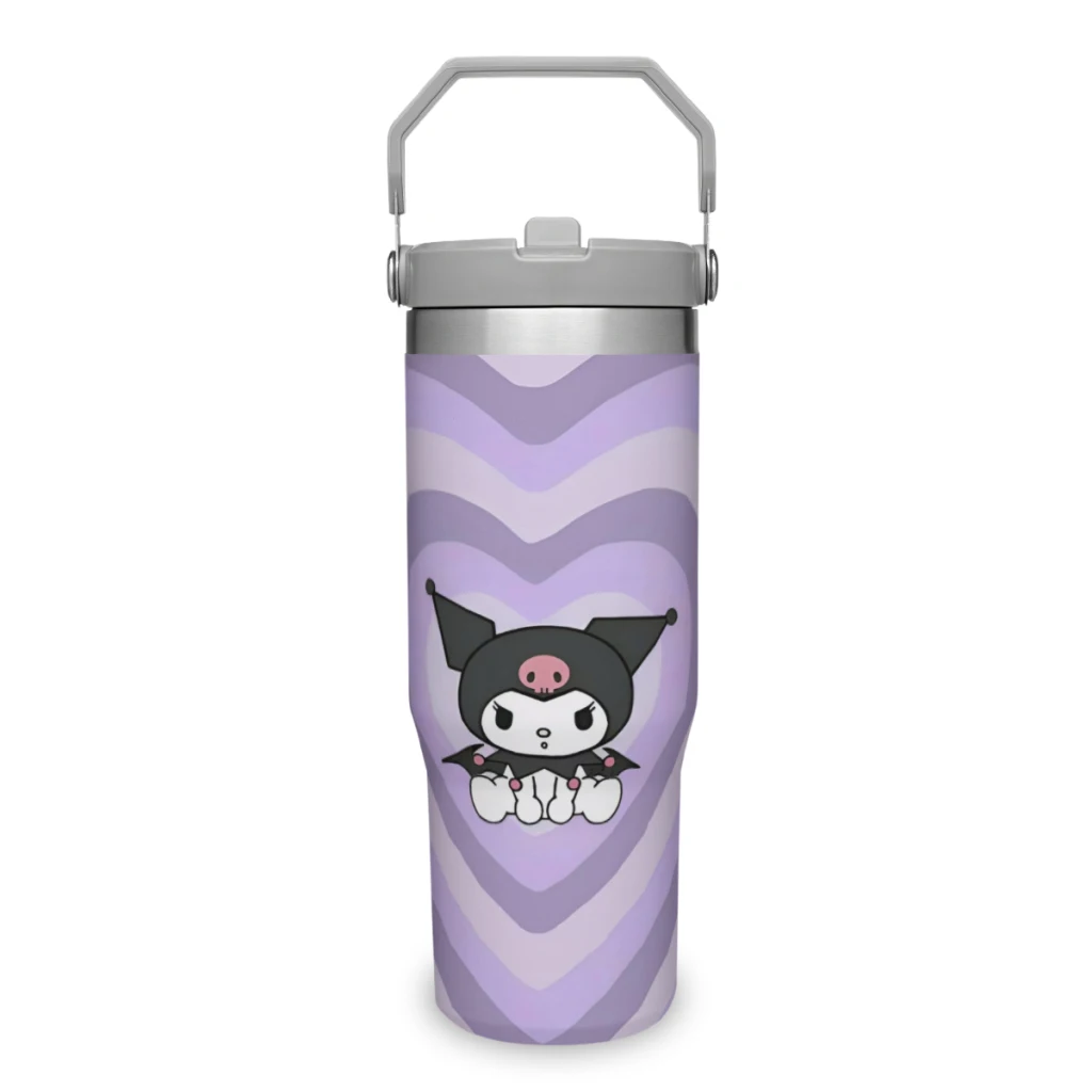 Taza portátil para coche, bonita botella de agua con vaso de acero inoxidable 304 Sanrio Kuromi, 30oz/900ml