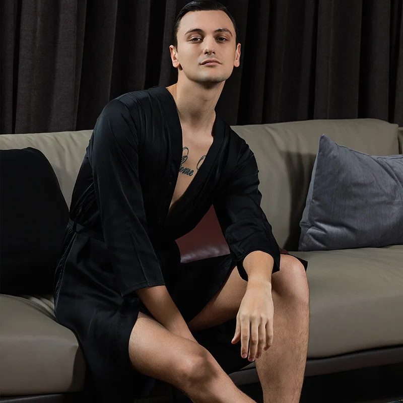 Casual Long Sleeve Homewear Intimate Lingerie Satin Men Groom Groomsman Wedding Robe 2022 Summer New Sleepwear Bathrobe Gown