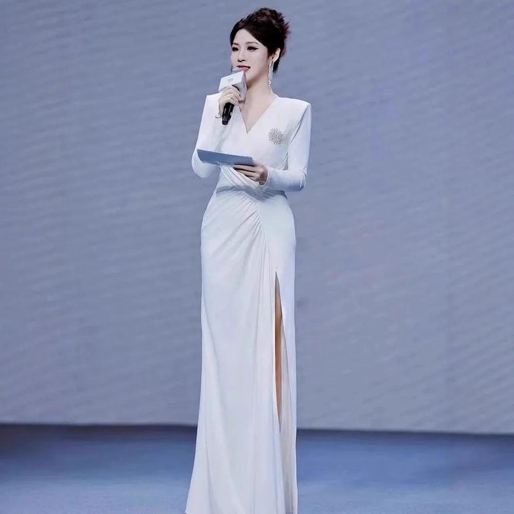 

Белое вечернее платье Ele для женщин, с завышенной талией, из ткани, корректирующее фигуру, для ведущих, китайского производства