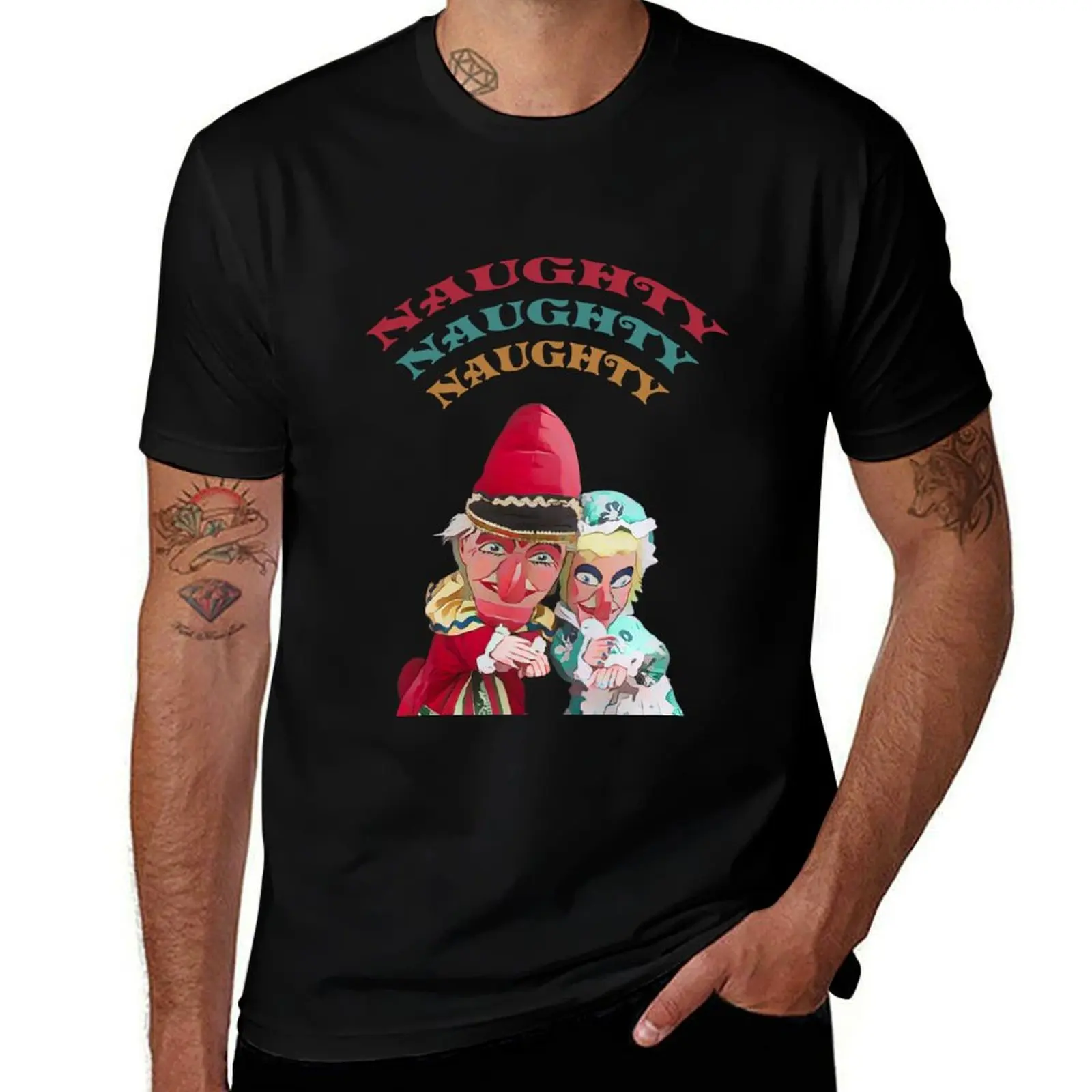 

Traditional Punch and Judy puppets with Naughty Naughty Naughty text. White Background T-Shirt Personalized t-shirt men clothes