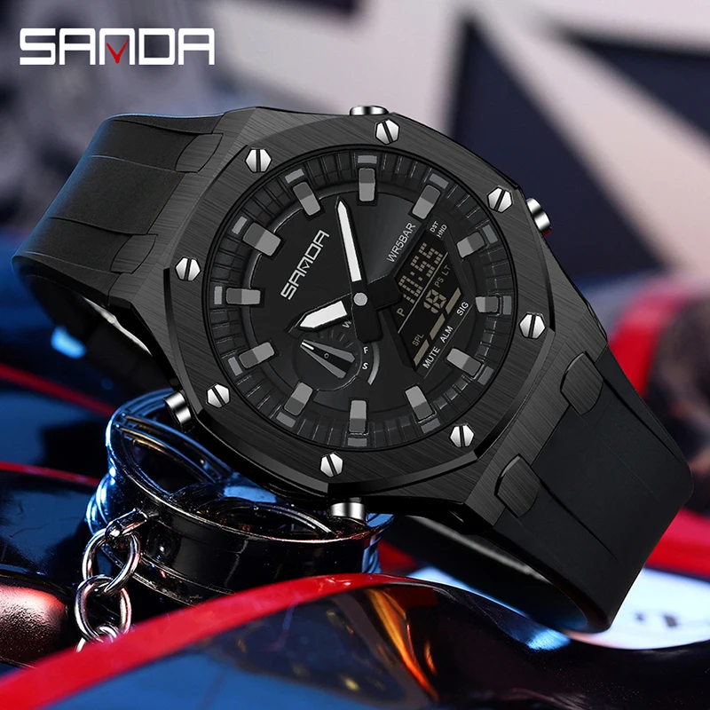 SANDA Men\'s Watch Electron Multi-Function Fashion Trend Outdoor Sports LDE Digital Luminous Alarm Clock Waterproof Male Watches