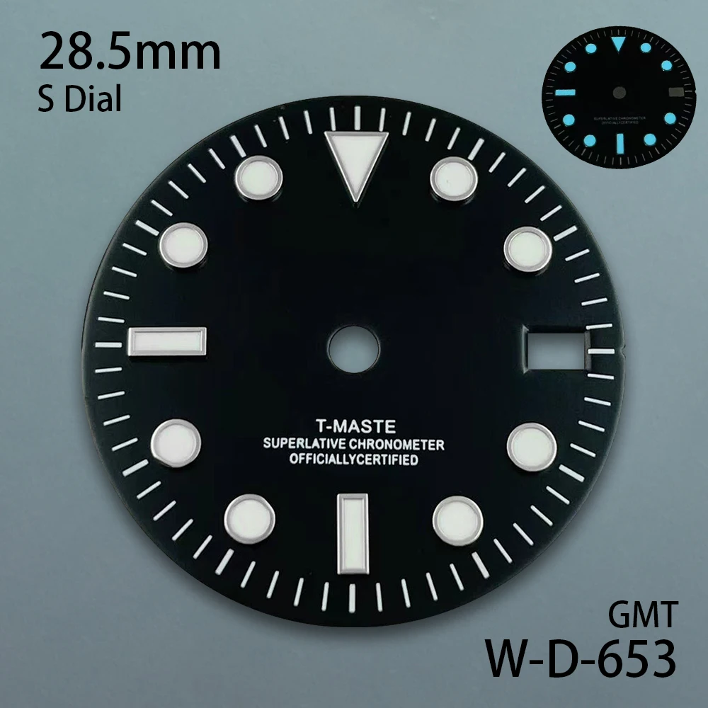 28,5 mm S-logo GMT zwarte wijzerplaat geschikt voor NH34 Japan-beweging ijsblauwe lichtgevende horlogemodificatieaccessoires